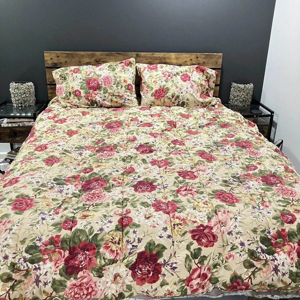 VTG Ralph Lauren Full Queen Comforter Set Floral Cottage Roses Cotton 3 Piece